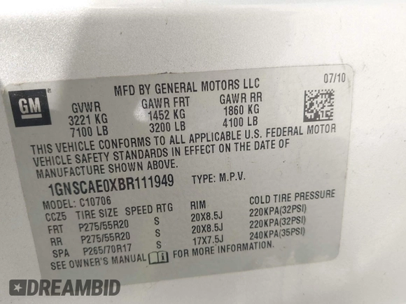 2011 Chevrolet Tahoe LS with VIN 1GNSCAE0XBR111949, listed as a IAAI auction lot 42630787 with 220,857 mi miles and . Bid and sale history available at DreamBid. Image 9.