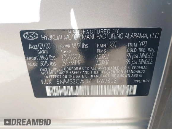 2020 Hyundai Santa Fe SE z VIN 5NMS2CAD7LH269302, wystawiony jako IAAI lot #41833303 z przebiegiem 70 665 mil mil oraz . Historia ofert i sprzedaży dostępna na DreamBid. Obrazek 9.