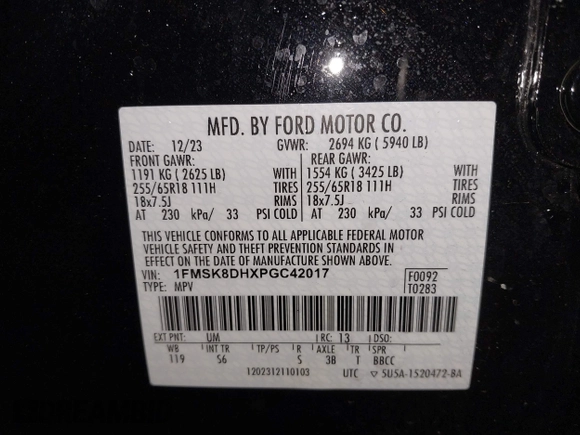 2023 Ford Explorer XLT with VIN 1FMSK8DHXPGC42017, listed as a IAAI auction lot 42009972 with 16,945 mi miles and . Bid and sale history available at DreamBid. Image 9.