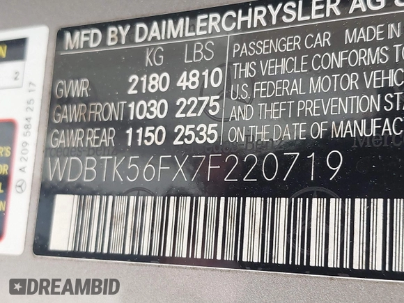 2007 Mercedes-Benz CLK 350 with VIN WDBTK56FX7F220719, listed as a IAAI auction lot 42203211 with 119,121 mi miles and . Bid and sale history available at DreamBid. Image 9.