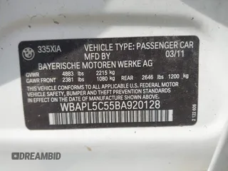 2011 BMW 3 Series 335i xDrive z VIN WBAPL5C55BA920128, wystawiony jako IAAI lot #42473523 z przebiegiem 96 481 mil mil oraz . Historia ofert i sprzedaży dostępna na DreamBid. Obrazek 9.