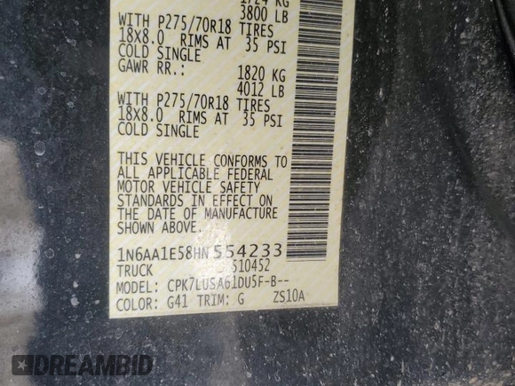 2017 Nissan Titan SV with VIN 1N6AA1E58HN554233, listed as a Copart auction lot 45388595 with 83,813 mi miles and Salvage Title. Bid and sale history available at DreamBid. Image 12.