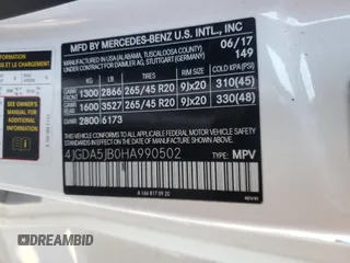 2017 Mercedes-Benz GLE 350 with VIN 4JGDA5JB0HA990502, listed as a Copart auction lot 56250315 with 62,832 mi miles and Salvage title. Bid and sale history available at DreamBid. Image 14.