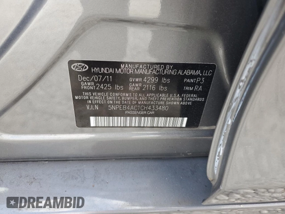 2012 Hyundai Sonata GLS with VIN 5NPEB4AC1CH433480, listed as a Copart auction lot 54971595 with 117,208 mi miles and Clean Title. Bid and sale history available at carsss.com. Image 12.