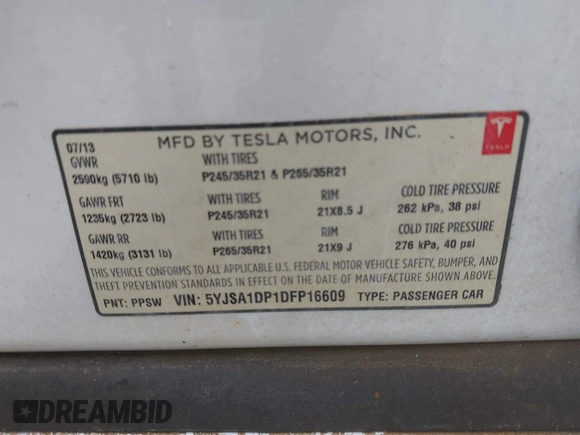 2013 Tesla Model S Performance z VIN 5YJSA1DP1DFP16609, wystawiony jako IAAI lot #42458995 z przebiegiem 110 722 mil mil oraz . Historia ofert i sprzedaży dostępna na DreamBid. Obrazek 9.