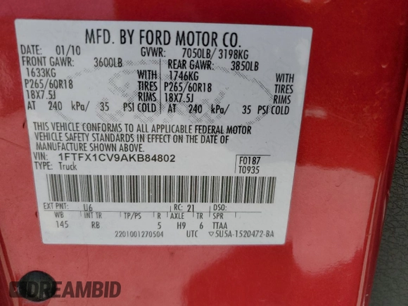 2010 Ford F-150 XL with VIN 1FTFX1CV9AKB84802, listed as a Copart auction lot 56970445 with 220,404 mi miles and Salvage title. Bid and sale history available at DreamBid. Image 12.