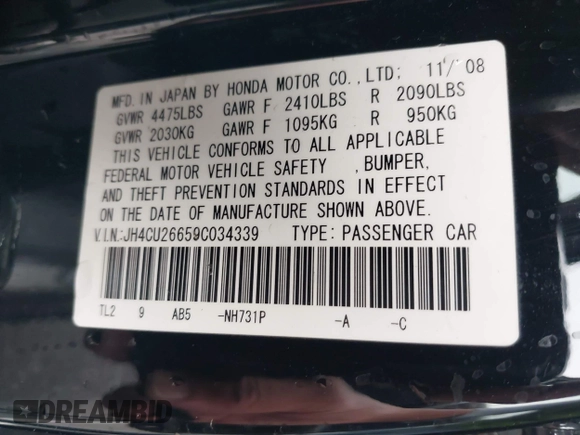 2009 Acura TSX с VIN JH4CU26659C034339, выставлен на аукционе IAAI как лот 42684422 с пробегом 139 601 миль миль и . История ставок и продаж доступна на DreamBid. Изображение 9.