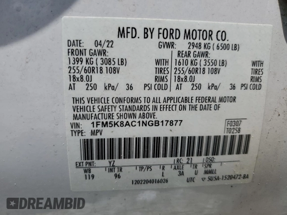 2022 Ford Explorer z VIN 1FM5K8AC1NGB17877, wystawiony jako Copart lot #55605335 z przebiegiem 28 980 mil mil oraz Szkoda całkowita • Salvage title. Historia ofert i sprzedaży dostępna na DreamBid. Obrazek 13.