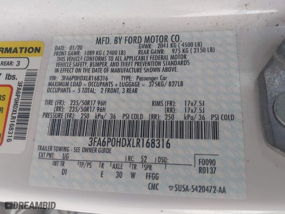 2020 Ford Fusion SE with VIN 3FA6P0HDXLR168316, listed as a IAAI auction lot 41540879 with 93,947 mi miles. Bid and sale history available at carsss.com. Image 9.