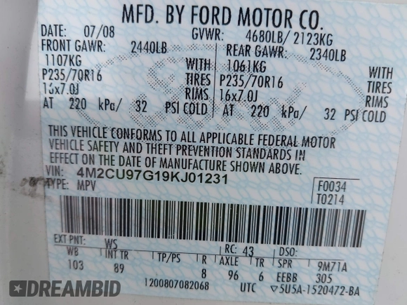 2009 Mercury Mariner Premier with VIN 4M2CU97G19KJ01231, listed as a IAAI auction lot 41674517 with Not Provided miles and . Bid and sale history available at DreamBid. Image 9.
