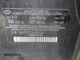 2021 Hyundai Sonata SEL Plus with VIN 5NPEJ4J21MH111126, listed as a IAAI auction lot 41833686 with 35,479 mi miles and . Bid and sale history available at DreamBid. Image 9.
