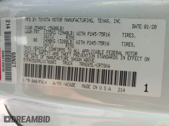 2020 Toyota Tacoma SR with VIN 5TFRX5GN9LX176803, listed as a IAAI auction lot 42646725 with 93,764 mi miles and . Bid and sale history available at DreamBid. Image 9.