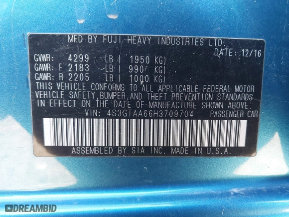 2017 Subaru Impreza with VIN 4S3GTAA66H3709704, listed as a IAAI auction lot 41879065 with 83,814 mi miles. Bid and sale history available at carsss.com. Image 9.