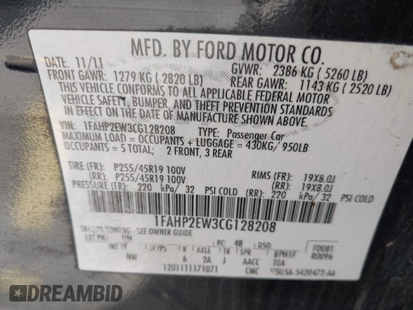 2012 Ford Taurus SEL z VIN 1FAHP2EW3CG128208, wystawiony jako IAAI lot #41020348 z przebiegiem 161 794 mil mil oraz . Historia ofert i sprzedaży dostępna na DreamBid. Obrazek 9.