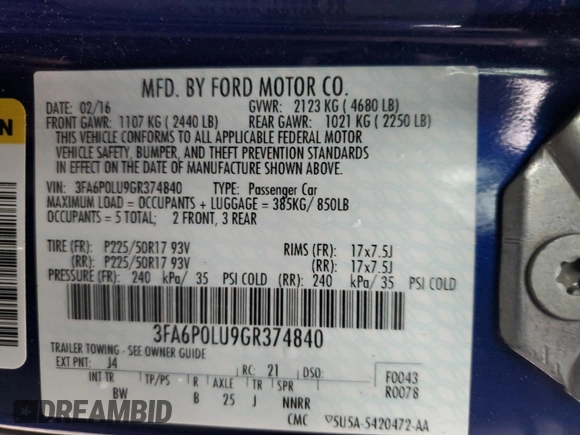 2016 Ford Fusion SE Hybrid with VIN 3FA6P0LU9GR374840, listed as a Copart auction lot 56190995 with 154,540 mi miles and Salvage title. Bid and sale history available at DreamBid. Image 12.