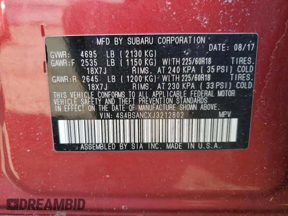 2018 Subaru Outback Limited with VIN 4S4BSANCXJ3212802, listed as a Copart auction lot 46218775 with 141,144 mi miles and Salvage Title. Bid and sale history available at DreamBid. Image 16.