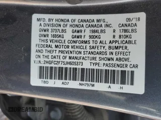 2018 Honda Civic Sedan EX with VIN 2HGFC2F75JH605373, listed as a Copart auction lot 51681105 with 57,388 mi miles and Salvage Title. Bid and sale history available at carsss.com. Image 15.