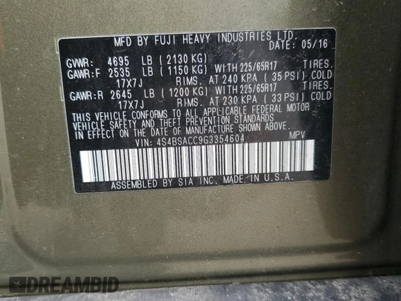 2016 Subaru Outback Premium с VIN 4S4BSACC9G3354604, выставлен на аукционе Copart как лот 63405095 с пробегом 67 834 миль миль и Списание • Salvage title. История ставок и продаж доступна на DreamBid. Изображение 13.