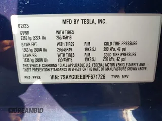 2023 Tesla Model Y Long Range with VIN 7SAYGDEE0PF671726, listed as a IAAI auction lot 42393616 with Not provided miles and . Bid and sale history available at DreamBid. Image 9.