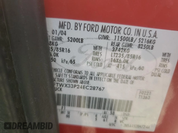 2004 Ford F-350 XL with VIN 1FTWX33P24EC28767, listed as a Copart auction lot 63288565 with Not provided miles and Clean title. Bid and sale history available at DreamBid. Image 12.