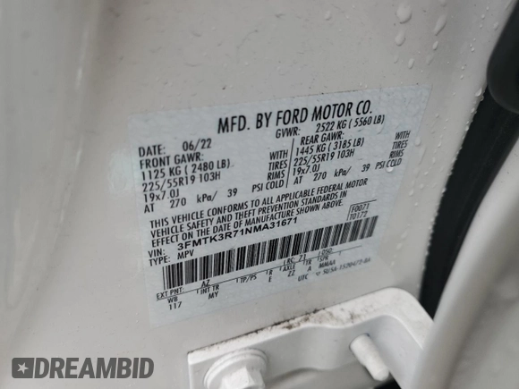 2022 Ford Mustang Mach-E Premium with VIN 3FMTK3R71NMA31671, listed as a Copart auction lot 43791535 with 22,703 mi miles and Salvage Title. Bid and sale history available at DreamBid. Image 13.