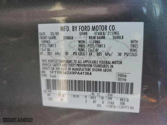 2009 Ford Ranger XL with VIN 1FTYR14DX9PA41364, listed as a Copart auction lot 44713635 with 152,315 mi miles and Salvage Title. Bid and sale history available at carsss.com. Image 12.