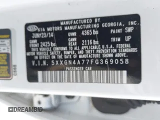 2015 Kia Optima EX with VIN 5XXGN4A77FG369058, listed as a IAAI auction lot 42621804 with 183,635 mi miles and . Bid and sale history available at DreamBid. Image 9.