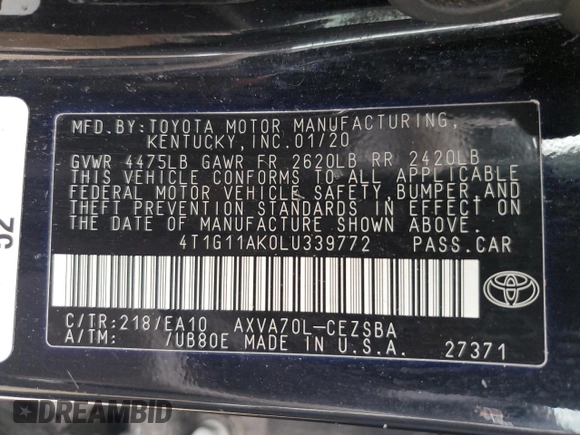 2020 Toyota Camry SE with VIN 4T1G11AK0LU339772, listed as a Copart auction lot 50940015 with 183,889 mi miles and Clean Title. Bid and sale history available at carsss.com. Image 12.
