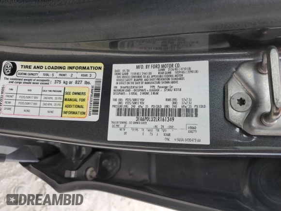 2020 Ford Fusion SE z VIN 3FA6P0LU2LR161349, wystawiony jako Copart lot #45117865 z przebiegiem 112 975 mil mil oraz Nie do naprawy • Non repairable. Historia ofert i sprzedaży dostępna na DreamBid. Obrazek 13.
