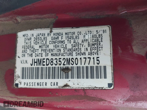1991 Honda Civic z VIN JHMED8352MS017715, wystawiony jako IAAI lot #42007974 z przebiegiem 185 009 mil mil oraz . Historia ofert i sprzedaży dostępna na DreamBid. Obrazek 9.