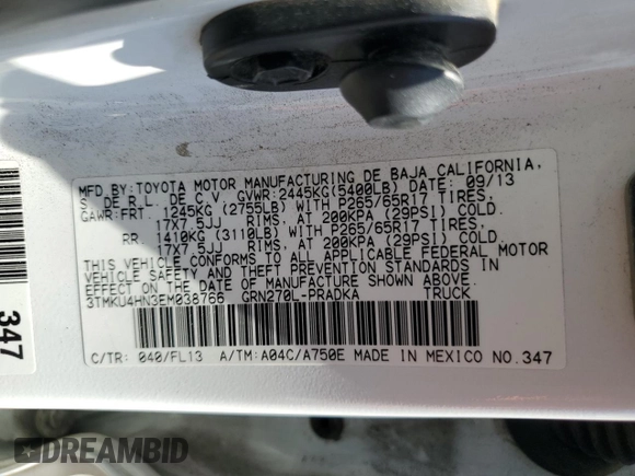 2014 Toyota Tacoma PreRunner with VIN 3TMKU4HN3EM038766, listed as a Copart auction lot 57434245 with 176,882 mi miles and Salvage title. Bid and sale history available at DreamBid. Image 12.