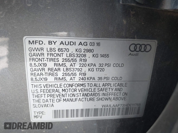2017 Audi Q7 Premium Plus with VIN WA1LAAF73HD011755, listed as a IAAI auction lot 42684003 with 113,628 mi miles and . Bid and sale history available at DreamBid. Image 9.
