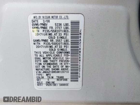 2009 Nissan Murano SL with VIN JN8AZ18W59W120710, listed as a IAAI auction lot 42156370 with 91,844 mi miles and . Bid and sale history available at DreamBid. Image 9.