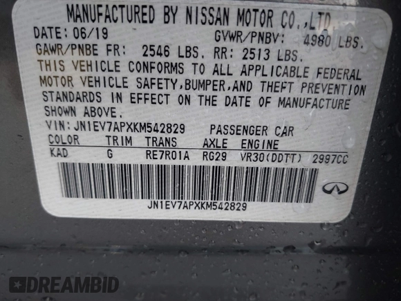2019 Infiniti Q50 3.0t LUXE with VIN JN1EV7APXKM542829, listed as a IAAI auction lot 41146340 with 43,708 mi miles. Bid and sale history available at carsss.com. Image 9.