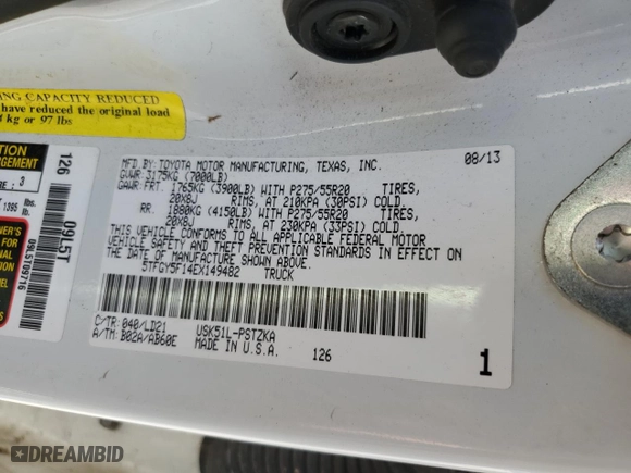 2014 Toyota Tundra 2WD Truck 1794 with VIN 5TFGY5F14EX149482, listed as a Copart auction lot 83343864 with NaN miles and Salvage Title. Bid and sale history available at carsss.com. Image 12.