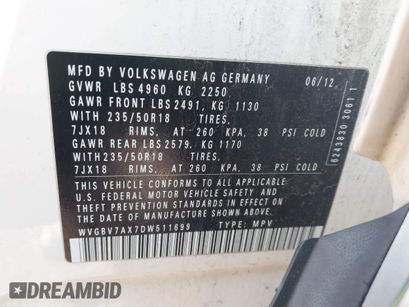 2013 Volkswagen Tiguan SE with VIN WVGBV7AX7DW511699, listed as a IAAI auction lot 41970908 with 164,758 mi miles and . Bid and sale history available at DreamBid. Image 9.