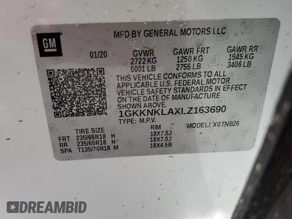 2020 GMC Acadia SLE z VIN 1GKKNKLAXLZ163690, wystawiony jako Copart lot #45797365 z przebiegiem 86 868 mil mil oraz Szkoda całkowita • Salvage title. Historia ofert i sprzedaży dostępna na DreamBid. Obrazek 15.
