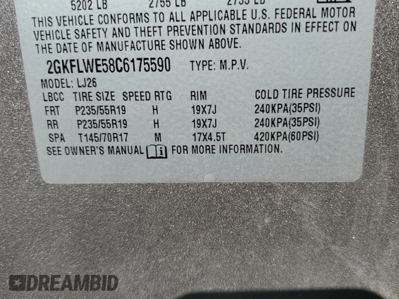 2012 GMC Terrain SLT-2 with VIN 2GKFLWE58C6175590, listed as a Copart auction lot 43743145 with 181,369 mi miles and Salvage Title. Bid and sale history available at DreamBid. Image 15.
