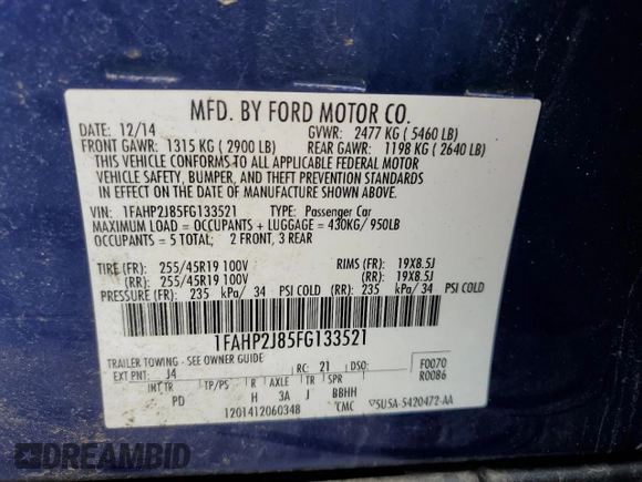 2015 Ford Taurus Limited with VIN 1FAHP2J85FG133521, listed as a Copart auction lot 57411685 with 140,535 mi miles and Salvage title. Bid and sale history available at DreamBid. Image 13.