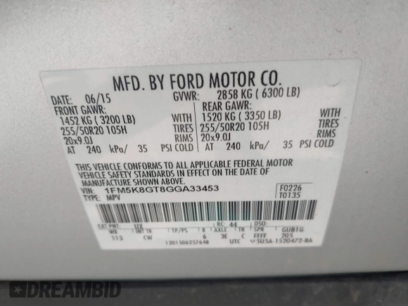 2016 Ford Explorer Sport with VIN 1FM5K8GT8GGA33453, listed as a IAAI auction lot 42406866 with 141,439 mi miles and . Bid and sale history available at DreamBid. Image 9.