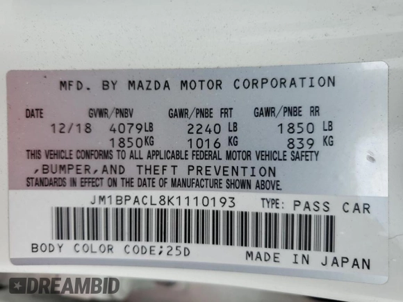 2019 Mazda 3 w/Select with VIN JM1BPACL8K1110193, listed as a Copart auction lot 48896315 with Not Provided miles and Salvage Title. Bid and sale history available at carsss.com. Image 14.