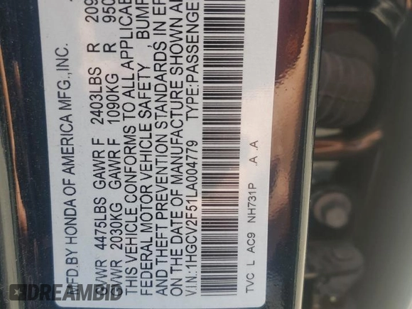 2020 Honda Accord EX-L with VIN 1HGCV2F51LA004779, listed as a Copart auction lot 59372935 with 61,884 mi miles and Salvage title. Bid and sale history available at DreamBid. Image 12.
