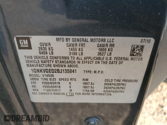 2011 Chevrolet Traverse 1LT with VIN 1GNKVGED2BJ135841, listed as a Copart auction lot 69965804 with 186,295 mi miles and Clean Title. Bid and sale history available at DreamBid. Image 13.