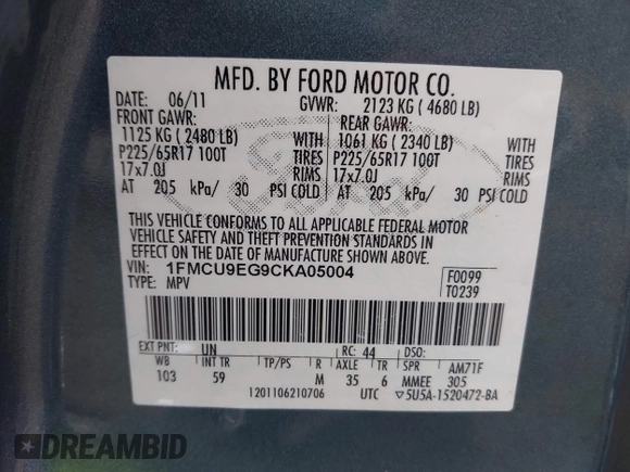 2012 Ford Escape Limited with VIN 1FMCU9EG9CKA05004, listed as a IAAI auction lot 41931038 with 126,086 mi miles. Bid and sale history available at carsss.com. Image 9.