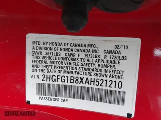 2010 Honda Civic Cpe EX with VIN 2HGFG1B8XAH521210, listed as a IAAI auction lot 41837547 with 132,911 mi miles. Bid and sale history available at carsss.com. Image 9.