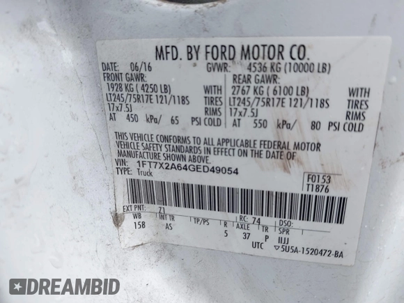 2016 Ford F-250 XLT z VIN 1FT7X2A64GED49054, wystawiony jako IAAI lot #41916424 z przebiegiem 149 687 mil mil oraz . Historia ofert i sprzedaży dostępna na DreamBid. Obrazek 9.