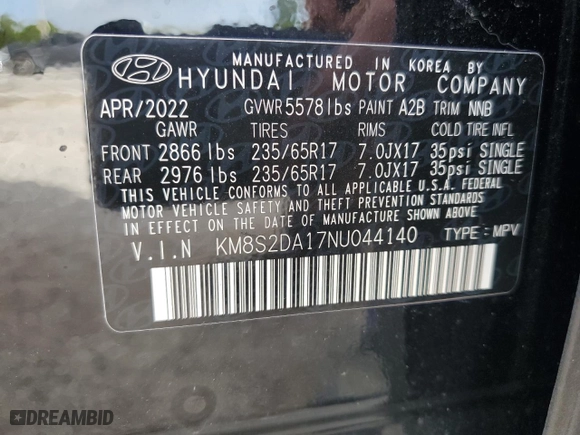 2022 Hyundai Santa Fe Hybrid Blue with VIN KM8S2DA17NU044140, listed as a Copart auction lot 66670282 with NaN miles. Bid and sale history available at carsss.com. Image 10.