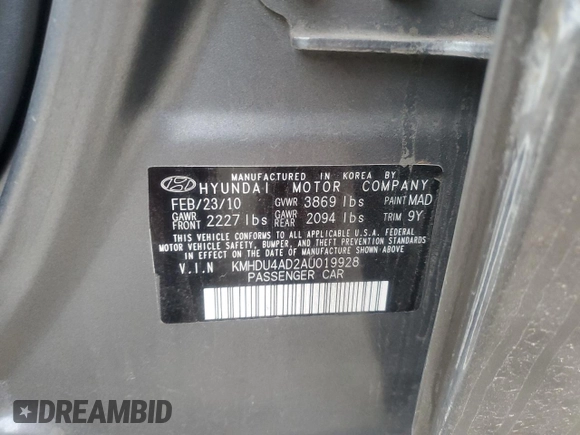 2010 Hyundai Elantra GLS with VIN KMHDU4AD2AU019928, listed as a Copart auction lot 47996125 with 169,334 mi miles and Salvage title. Bid and sale history available at DreamBid. Image 14.