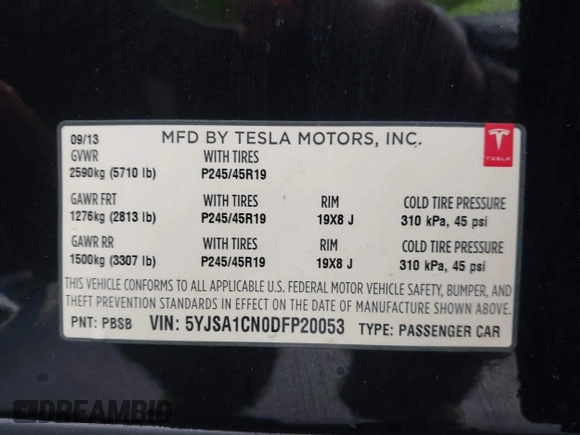 2013 Tesla Model S with VIN 5YJSA1CN0DFP20053, listed as a IAAI auction lot 41470660 with 61,568 mi miles and . Bid and sale history available at DreamBid. Image 9.