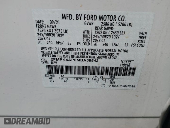 2021 Ford Edge ST z VIN 2FMPK4AP0MBA58542, wystawiony jako Copart lot #53996435 z przebiegiem Nie podano mil oraz Szkoda całkowita • Salvage title. Historia ofert i sprzedaży dostępna na DreamBid. Obrazek 12.